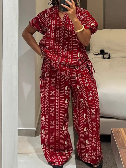 New Fashion Printed Two-piece Set Women's Loose Casual Short-sleeved Drawstring Waist Slimming V-neck Shirt Wide-leg Pants Sets