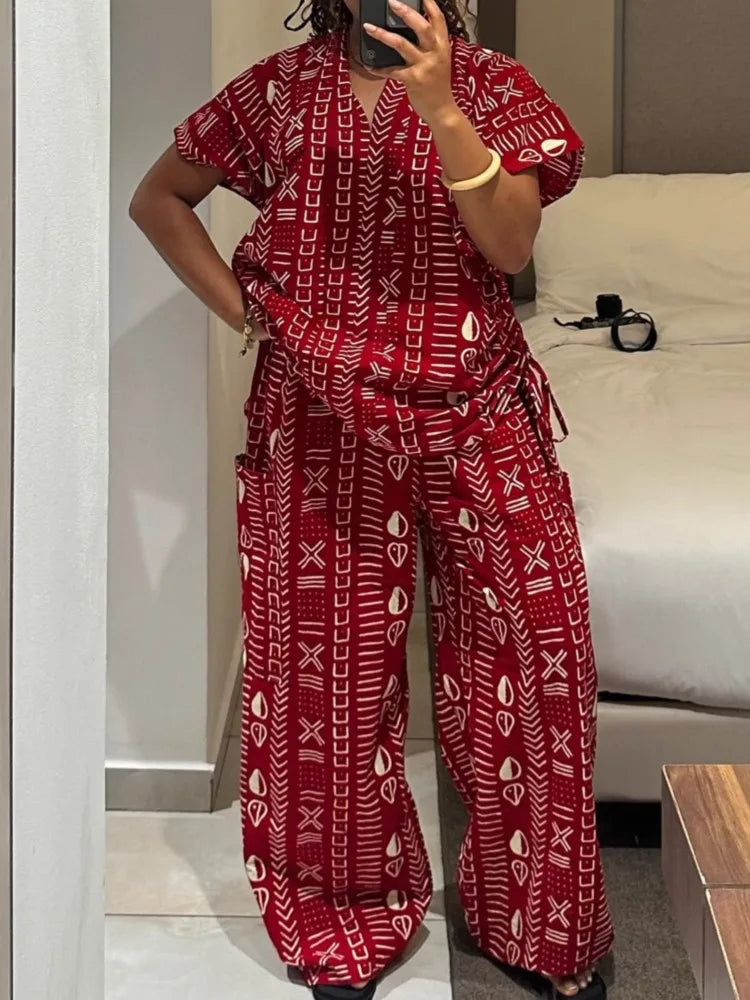New Fashion Printed Two-piece Set Women's Loose Casual Short-sleeved Drawstring Waist Slimming V-neck Shirt Wide-leg Pants Sets