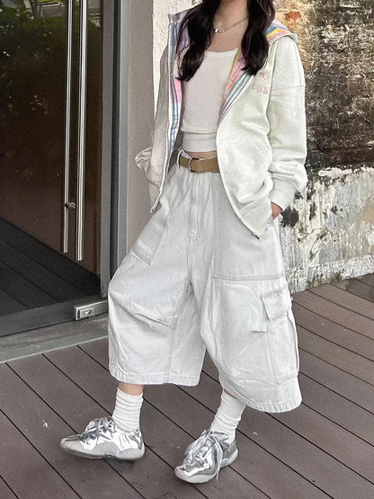 PBAP White Cargo Jean Shorts Women Big Pockets Casual Wide Leg Pleats Adjust Waist Baggy Bermuda Pants Hiphop Vintage Streetwear
