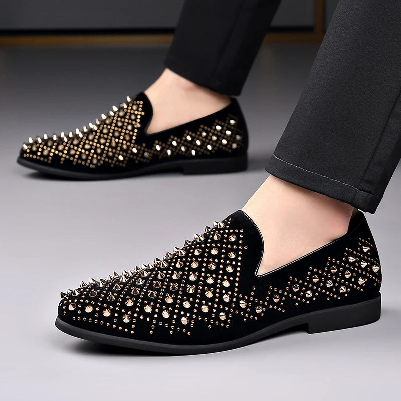 Black Rivet Shoes 48 Designer New Loafers Men's Pointed Punk Rock Rivets Business Casual Shoes Party Wedding Dress Homecoming Fo