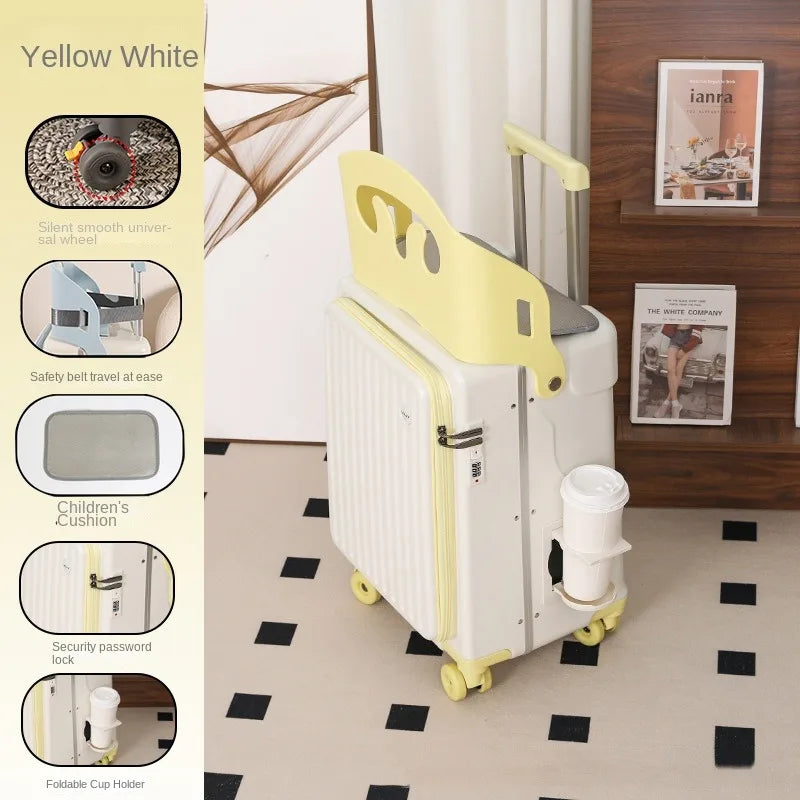 New Suitcase for Children Can Sit 20/22/24 Inch Ride on Luggage Front Opening Sturdy Thickened Travel Suitcase with Cup Holder