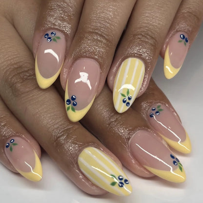 3D Lemon Blue White Striped French Nail Art Summer Chic Short Round False Nails Detachable Finished Fake Nails Press on Nails