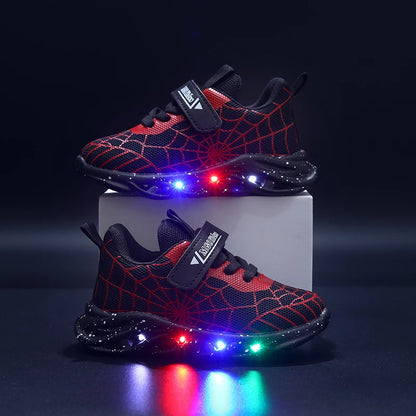 Mgo Children's Boys' Shoes, Light-Up Shoes, Lightweight Shoes, 2024 Spring and Autumn New Flashing Shoes, Fashionable Spider Web Trendy Shoes, Boys' Children's Sports Shoes, Mesh Spring Shoes Suitable for 1-3 Years Old, Child