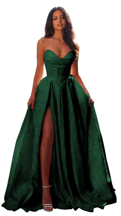 Jacquard Satin Prom Dresses with Slit Strapless Corset A Line Long Formal Gowns Party Evening Gown Formal Dress Women Elegant