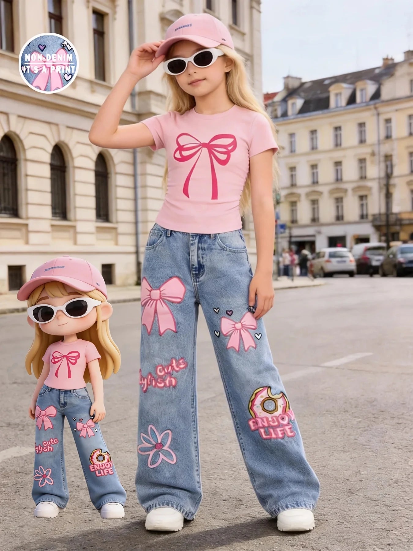Girls' Y2K Style 2-Piece Set: Pink Bow-Print Slim-Fit Cropped Short-Sleeve Tee + Cartoon Donut, Bow, and Floral Print Wide-Leg J