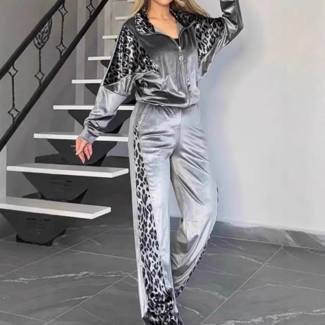 Women's 2-piece Set Retro Leopard Print Zipper Bomber Jacket Sweatshirt + High-waisted Trousers Sets Women's Velvet Pants Suit