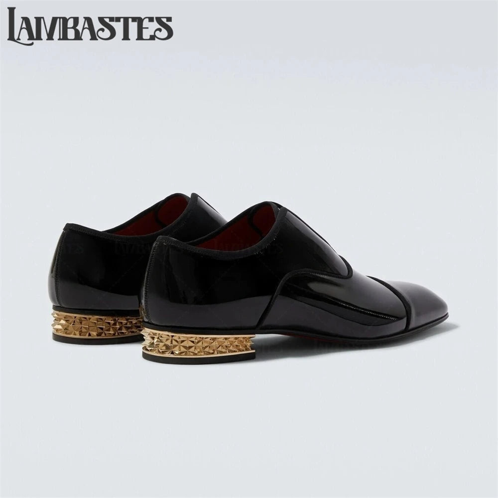 Gold Geometric Heel Patent Leather Mens Loafers Polished Glossy Upper Red Lining Formal Dress Shoes Embossed Gold Heel Loafers