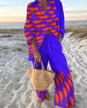 Summer Casual Shirts Two Piece Outfits 2 Pieces Set For Woman New In Matching Sets Blouse For Woman Temperament Vacation Printed