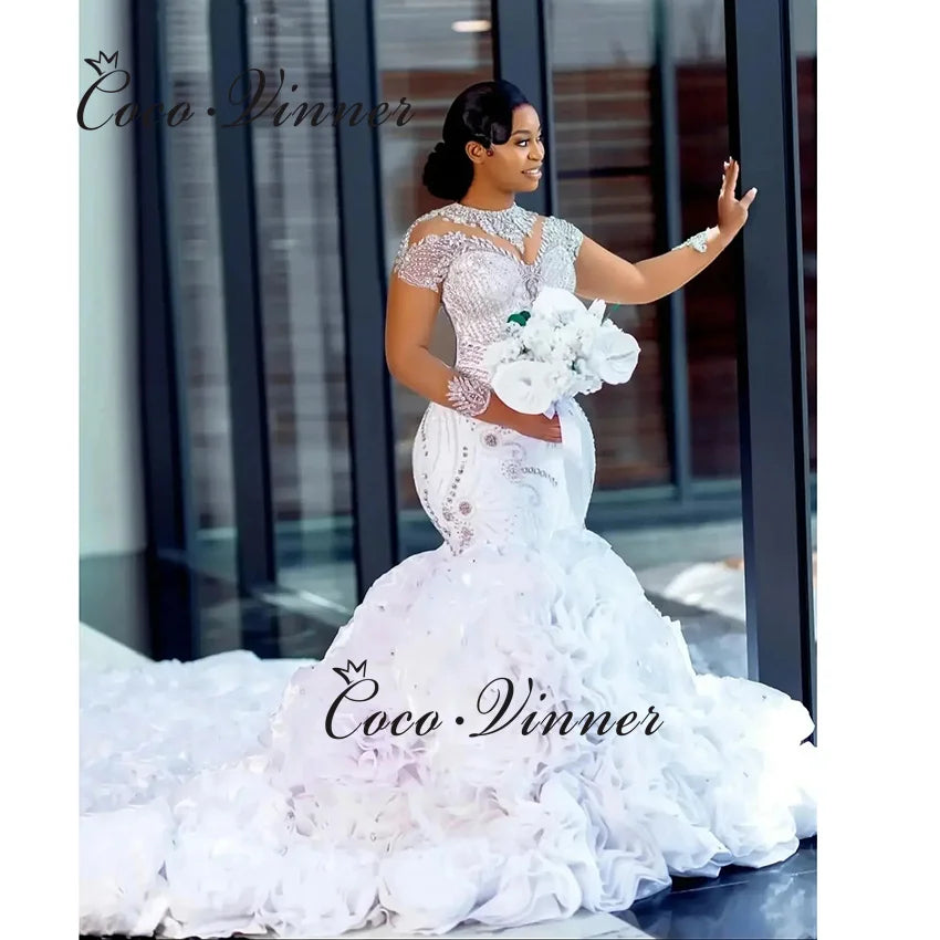Customized Organza Ruffles Train Africa Wedding Dresses Mermaid Style High Neck Beaded 2026 Luxury Meramid Wedding Dress W1471