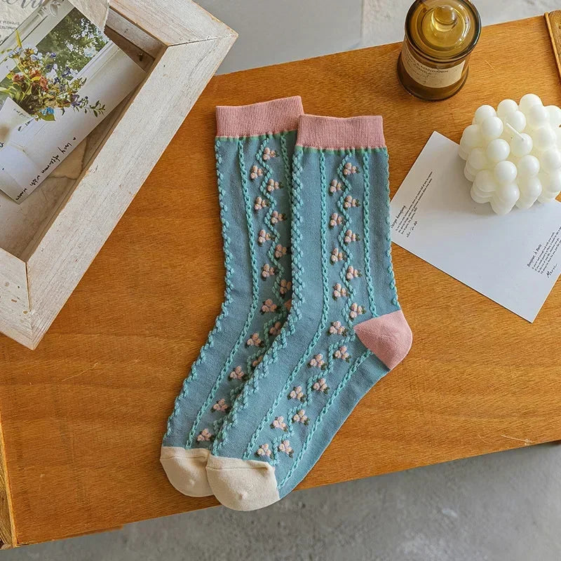 New Style Crew Socks for Women Spring Fashion Cute Flower Long Cotton Socks Japanese Style Breathable Casual Trendy Absorb Sweat
