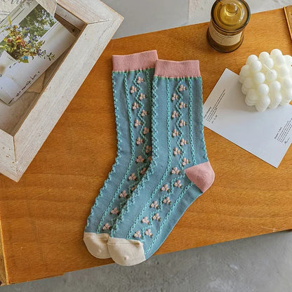 New Style Crew Socks for Women Spring Fashion Cute Flower Long Cotton Socks Japanese Style Breathable Casual Trendy Absorb Sweat