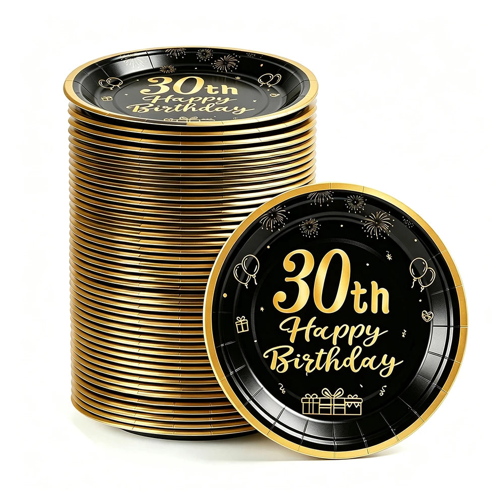 8-40pcs Men Women Adult 18th 30th 40th 50th 60th Birthday Party Decoration Supplies Black Gold Disposable 7/9inch Paper Plates