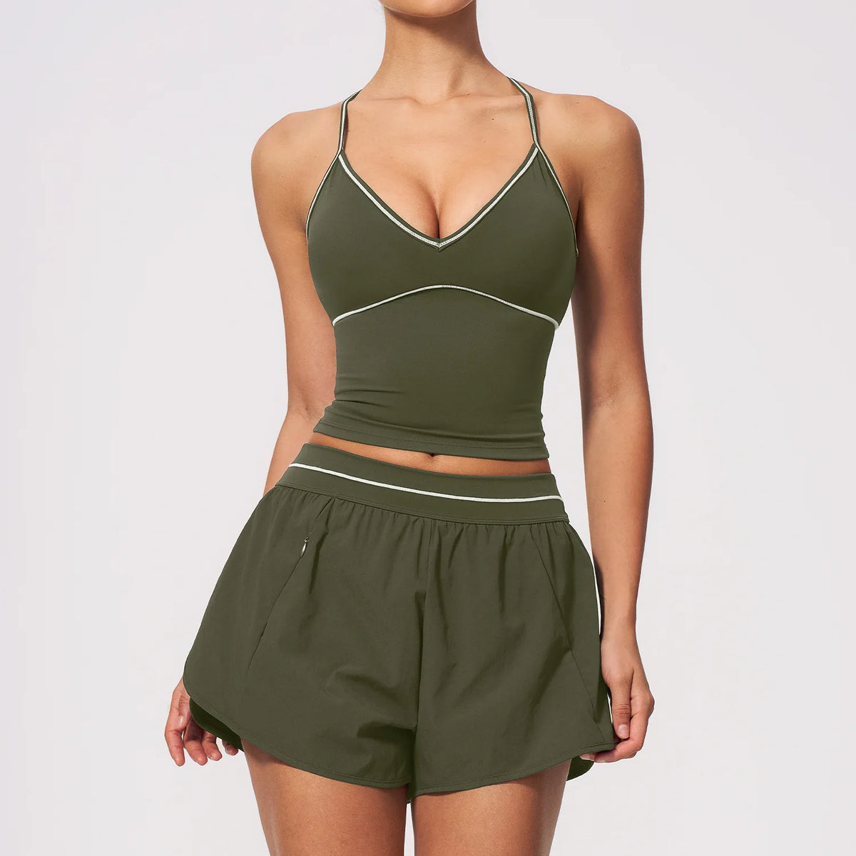 Women 2Pcs Activewear Set V Back Contrast Piping Shorts with Built in Liner and V Neck Crop Top for Gym Tennis Yoga Sportswear