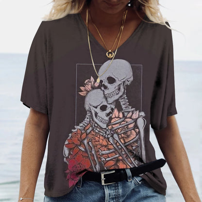 Skulls T-shirt Women's Shirt Fashion Short Sleeve New Casual Top Tee Ladies Girl Clothing V Neck T Shirt For Women