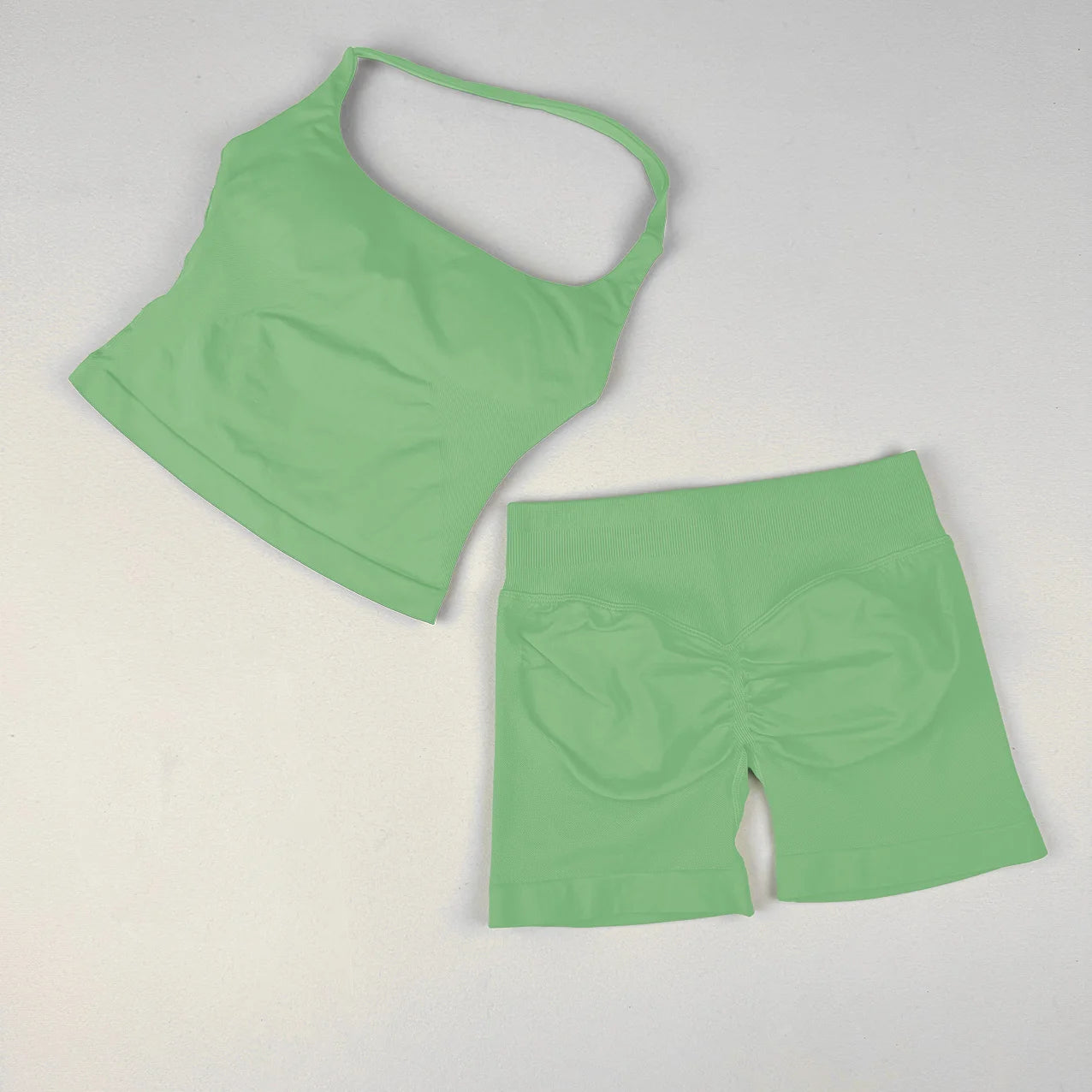 VEQKING Seamless 2pcs Women Yoga Sets Open Back Longline Sports Halter Bras Running Tank Tops Scrunch Butt Gym Workourt Shorts