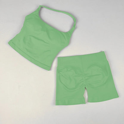 VEQKING Seamless 2pcs Women Yoga Sets Open Back Longline Sports Halter Bras Running Tank Tops Scrunch Butt Gym Workourt Shorts