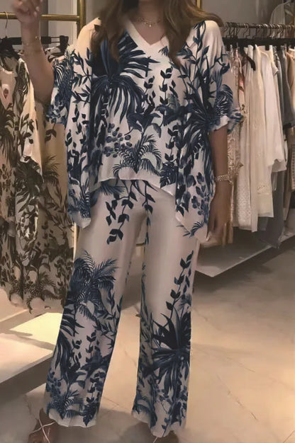 Fashion Short-sleeved V-neck Top + Wide-leg Pants 2-piece Set Women Elegant Spring Loose Irregular Top Floral Print Suit Female