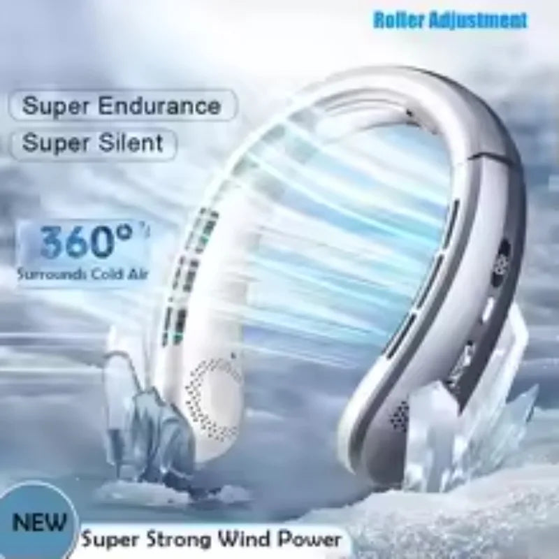 8000mAh USB Hanging Neck Fan, Portable Bladeless Mini Rechargeable Mute LED Digital Display Electric Air Cooler Handheld