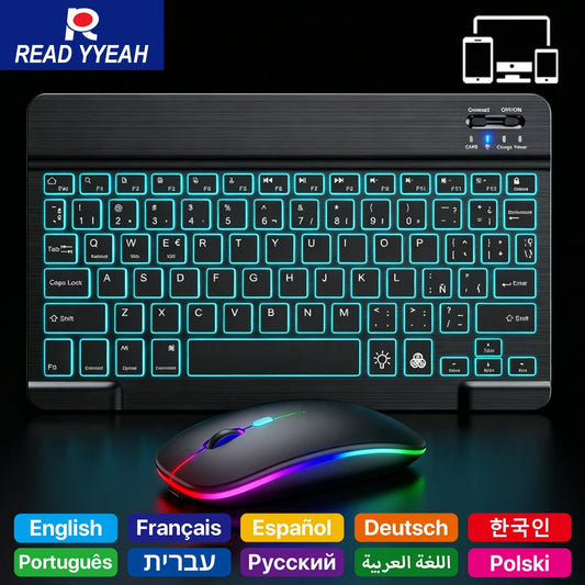 Wireless Bluetooth Keyboard Mouse Set 7-Color Backlight Multi-language Portable Rechargeable Keyboard for iPad Android Windows