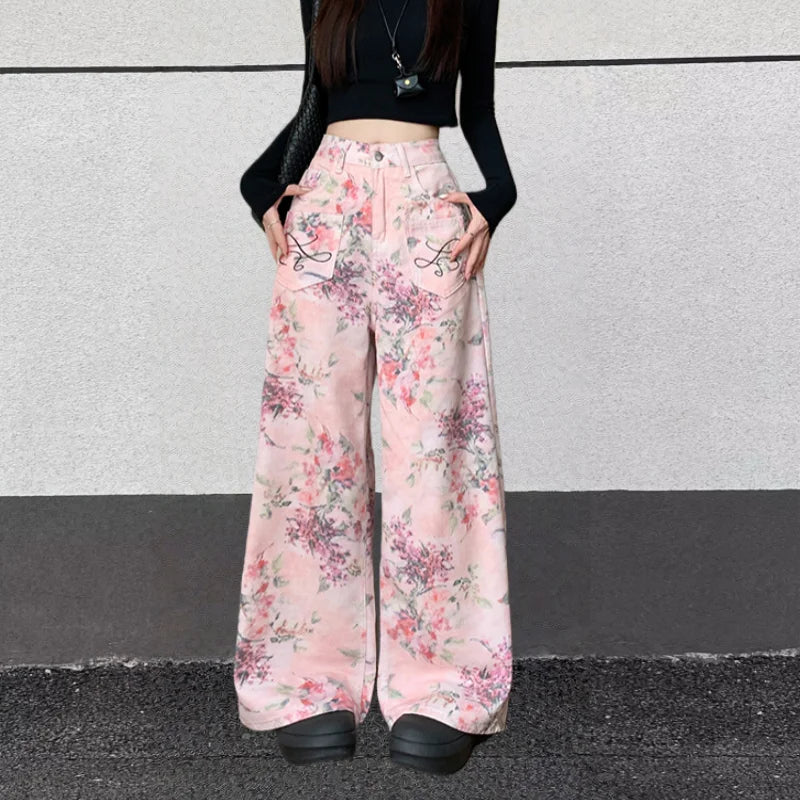 2025 Trend Y2K Style Flowers Printed Pink Baggy Women's Jeans Pants Woman Clothing Korean Casual Cotton Long Trousers Ropa Mujer