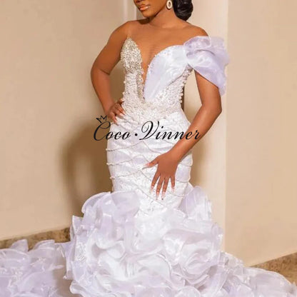 Customized Ruffle Train Fashion Mermaid Wedding Dress 2026 New Sexy V Neck One Shoulder Africa weddings dresses bridal W1490