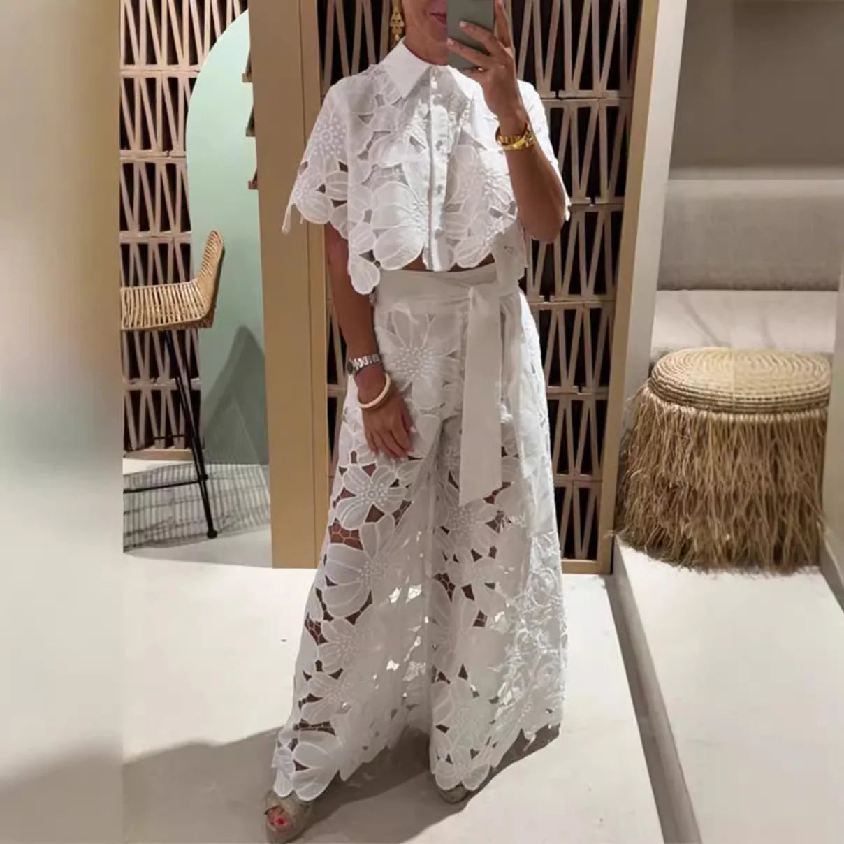 Women 2Pcs Lace Outfit Embroidery Retro Hollow Temperament Suit 2025 Elegant Button Short Sleeved Blouse Tops&Tie-up Pants Set
