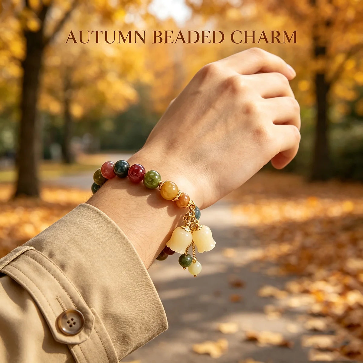Vintage Antique Style Beaded Bracelet, Chinese Multi Gemstone Wristband with Carved Lily of The Valley Pendant, Retro Heirloom Aesthetic Jewelry Gift for Classic Fashion Lovers