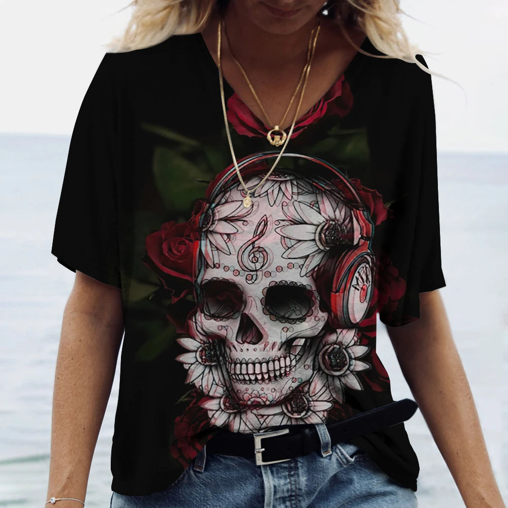 Skulls T-shirt Women's Shirt Fashion Short Sleeve New Casual Top Tee Ladies Girl Clothing V Neck T Shirt For Women