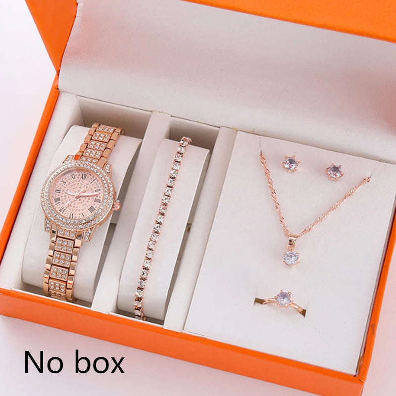 6Pcs/Set Women's Rhinestone Quartz Watch Set Fashion Wrist Watch & Jewelry Set Gift.▪