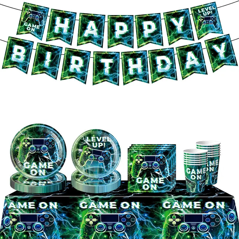 Happy Video Game Themed Birthday Party Decorations Set Tableware Plates Cups Cake Topper Gift Bags Banner Party Supplies Favors
