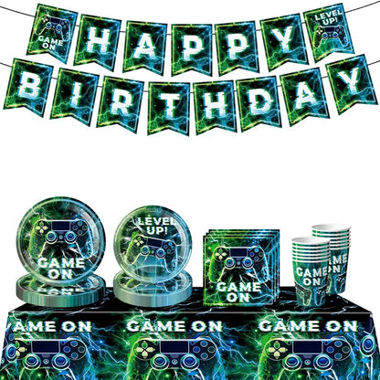 Happy Video Game Themed Birthday Party Decorations Set Tableware Plates Cups Cake Topper Gift Bags Banner Party Supplies Favors