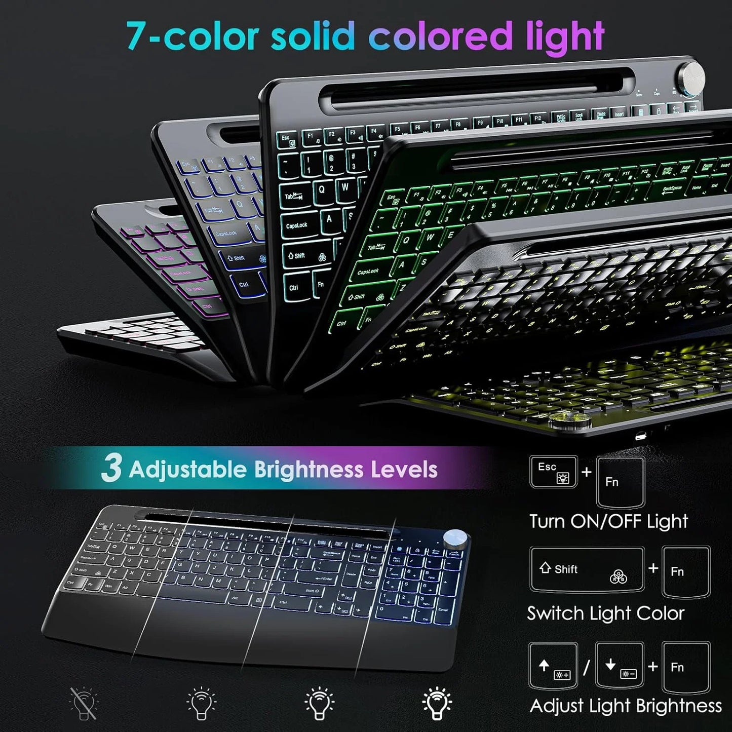 7 Colors Backlit Keyboard With Slot and Wrist Rest Volume Knob Keyboard Jiggle Mouse Set,Full Size Rechargeable Keyboard Set