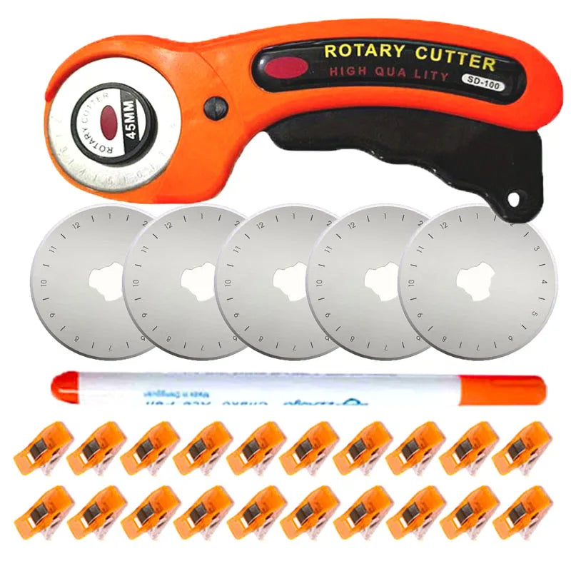 45mm Rotary Cutter Set Round Hob Craft Wheel Cutter Handle Roller with 5 Replacement Blades, Sewing Clip and Fabric Marker Pen