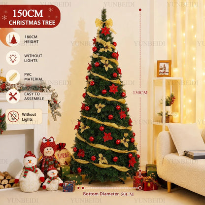 Folding Christmas Tree with LED Lights and Christmas Flowers Telescopic Artificial Christmas Tree 150CM/180CM Home Decoration