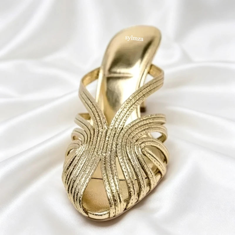 Gold Shiny Luxury Mules Heeled Sandals Women Weave Rome Heels for Ladies Banquet Dress Shoes Fashion Retro Slippers Women Slides