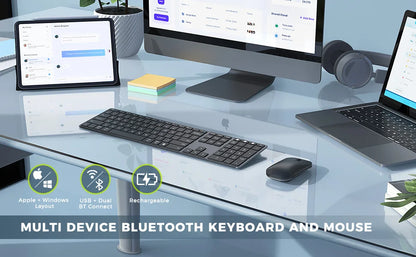 Wireless Bluetooth Keyboard and Mouse Combo Multi-Device Rechargeable Slim Keyboard and Mouse for Win 8 10 MacBook Pro Air iPad