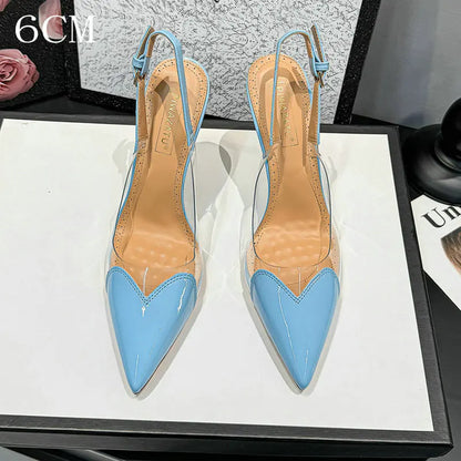 2026 Summer New Fairy-style Heart-shaped Pointed Toe Thin Heel Sandals for Women Transparent Patchwork Headpiece Back High Heels