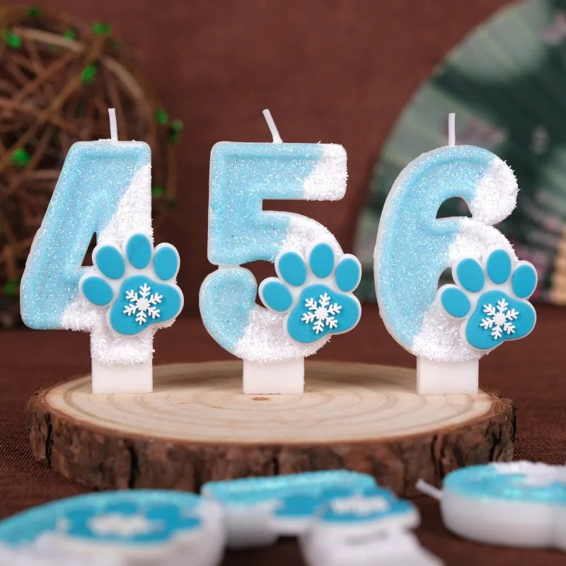 Cat Paw Theme 0‑9 Number Birthday Candle Blue White Glitter Cake Topper With Snowflake Cat Paw Ornament Cake Decoration Supplies