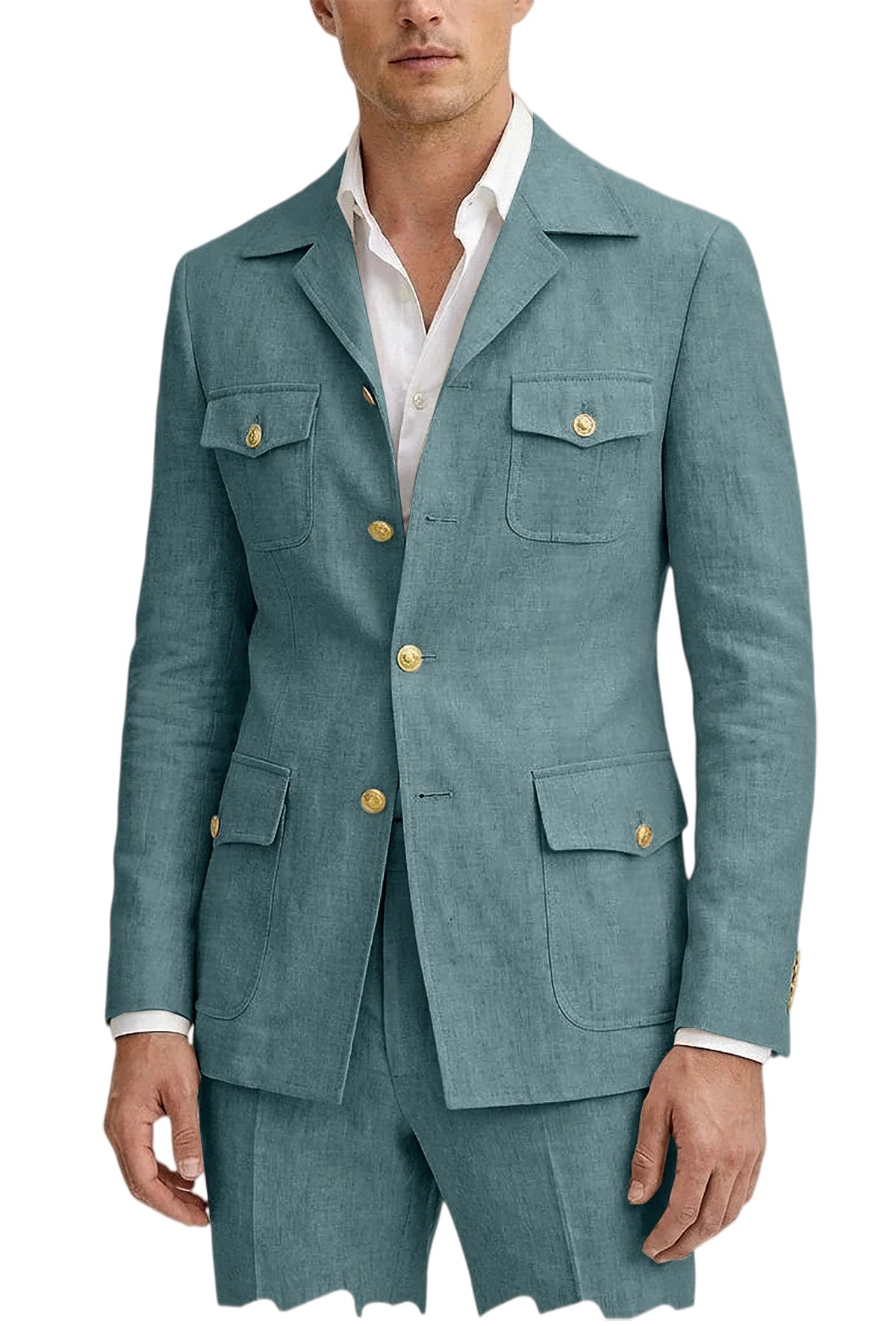 Men's Linen Suit 2 Piece Blazer Pants Set Multi-Pocket Safari Style Slim Fit Formal Business Casual Jacket Trousers for Summer