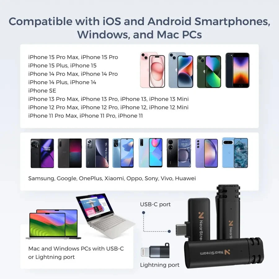 NearStream AWM10T Plus 1-to-2 Wireless Lavalier Microphone, AI DSP Noise Canceling, 33Ft Stable Transmission, 6H Long Battery, Auto Pair Plug & Play Mic for Classroom Vlog Live Stream iPhone Android PC