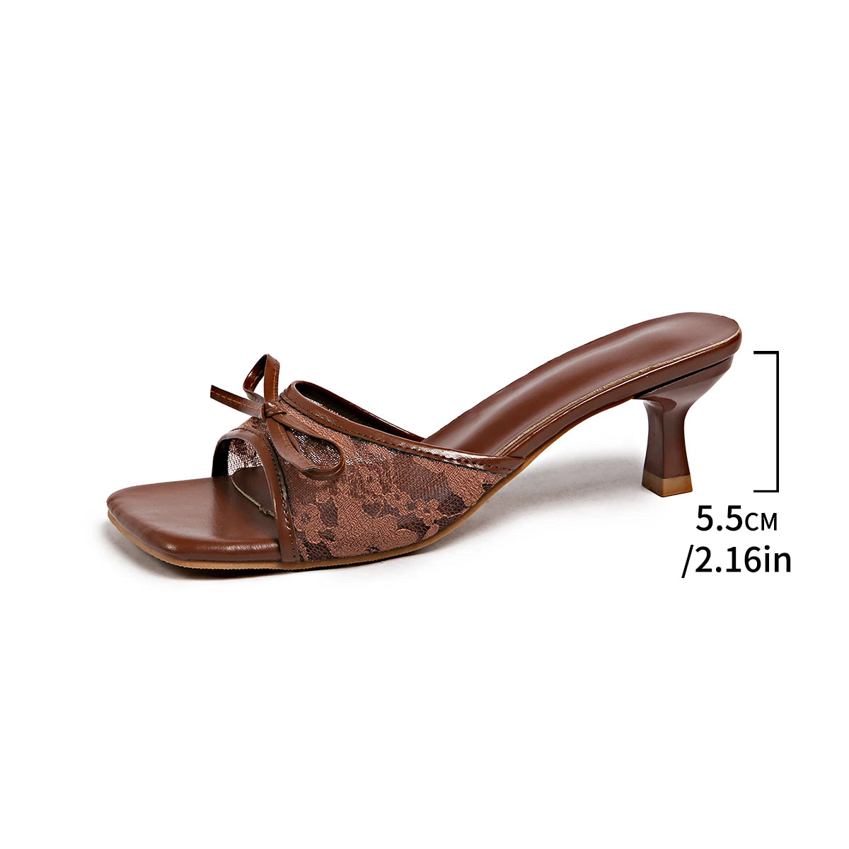 Fancy Lace Flower Mule Sandals Woman Square Toe Kitten Heel Slide Slippers Ladies Black Brown Net Bowknot Design Party Shoes