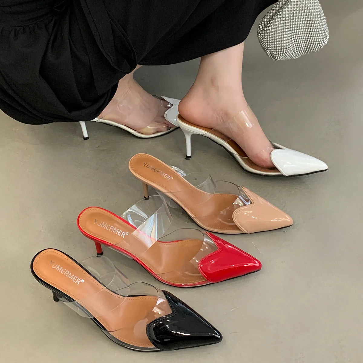 Clear Heart Heeled Mules Sandals Transparent PVC Pointed Toe Slip On Clear Heeled Sandals Party Prom Dress 7.5cm High Heel Mules