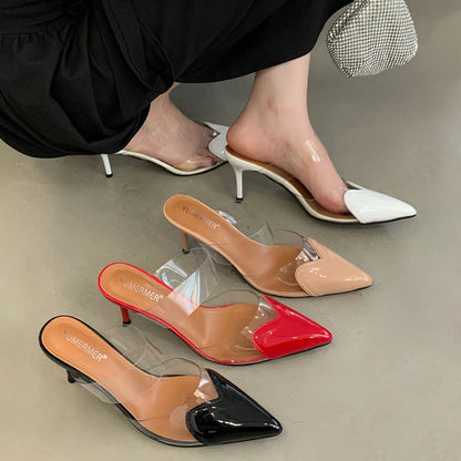 Clear Heart Heeled Mules Sandals Transparent PVC Pointed Toe Slip On Clear Heeled Sandals Party Prom Dress 7.5cm High Heel Mules