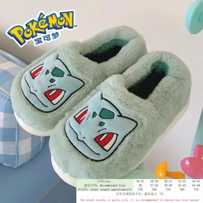 Popular anime Pokemon Pikachu Eevee Couple Cotton Slippers Winter Cute Cartoon Men Women Shoes with Velvet Insulation Anti slip