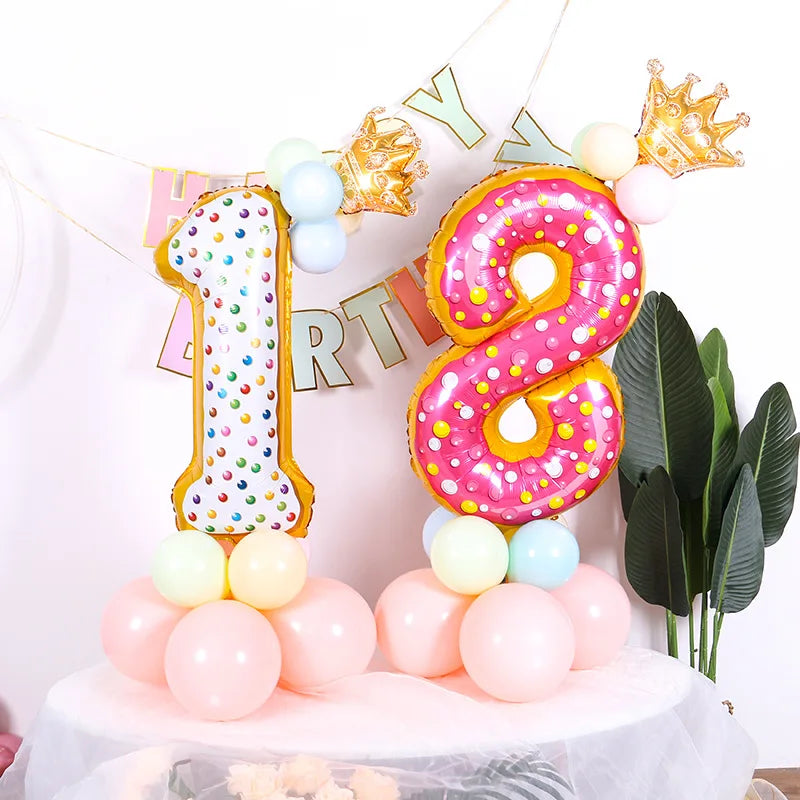 7pcs Donut Number Foil Balloons Set 1st 2nd Girls Birthday Party Decorations Candy Confetti Balloon Baby Shower Wedding Globos