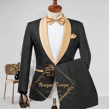 Champagne Men's Suit 2-Piece Set Satin Shawl Lapel Jacquard Jacket Pants Elegant Set for Wedding Groom Summer Party Dating Prom