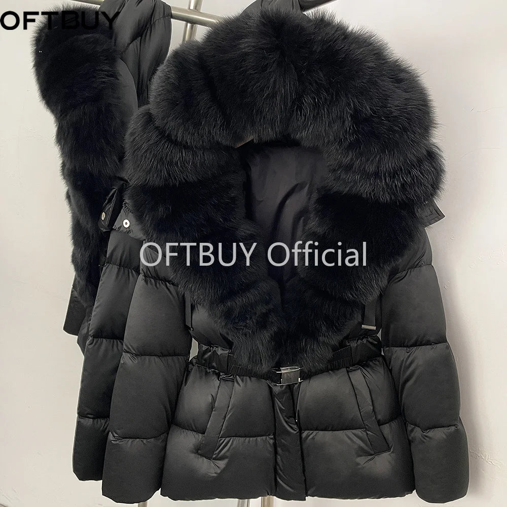 OFTBUY New Fashion Winter Clothes Women Duck Down Coat with Big Natural Fur Collar Belt Hooded Real Fox Fur Puffer Jacket Female