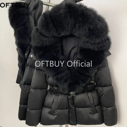 OFTBUY New Fashion Winter Clothes Women Duck Down Coat with Big Natural Fur Collar Belt Hooded Real Fox Fur Puffer Jacket Female