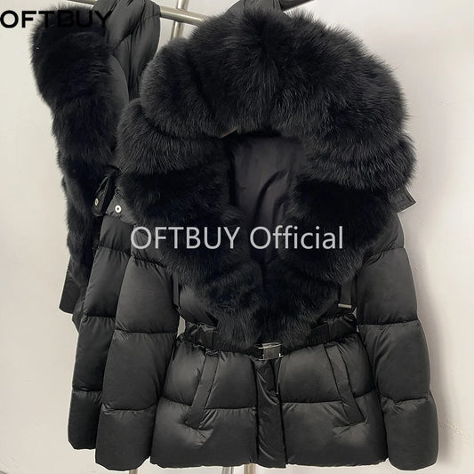 OFTBUY New Fashion Winter Clothes Women Duck Down Coat with Big Natural Fur Collar Belt Hooded Real Fox Fur Puffer Jacket Female