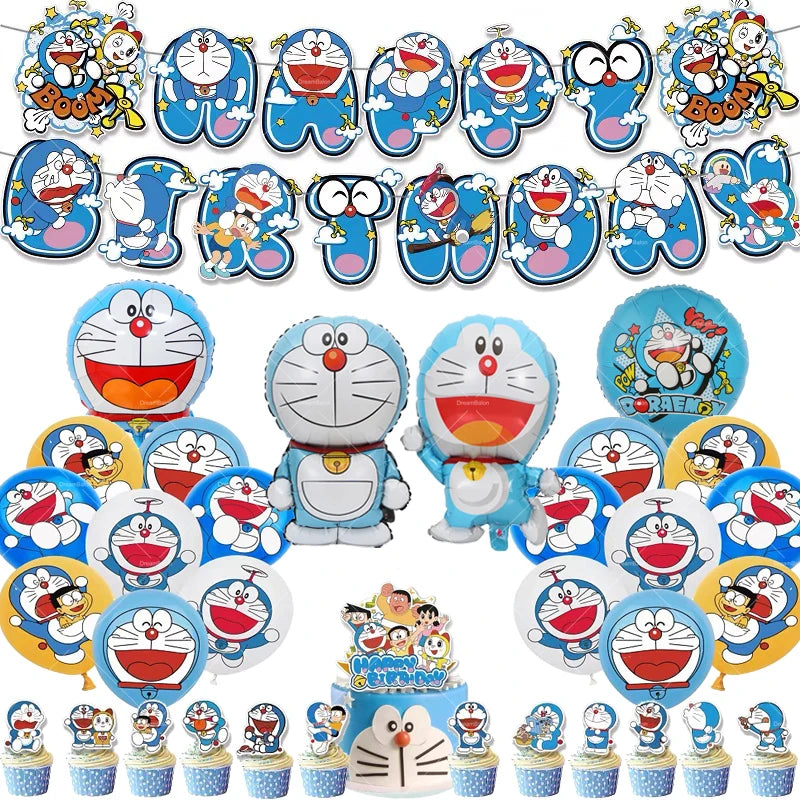 Doraemoned Balloons Cartoon Blue Jingle Cat Party Decoration Supplies Happy Birthday Banner Disposable Tableware Kid Cake Topper